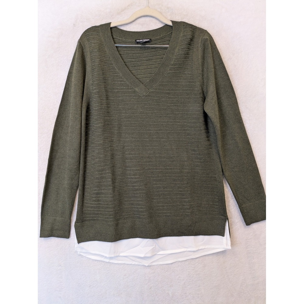 Hilary Radley Sweater Women's M Olive Green V-Neck Faux Layered‎ Hem Ribbed